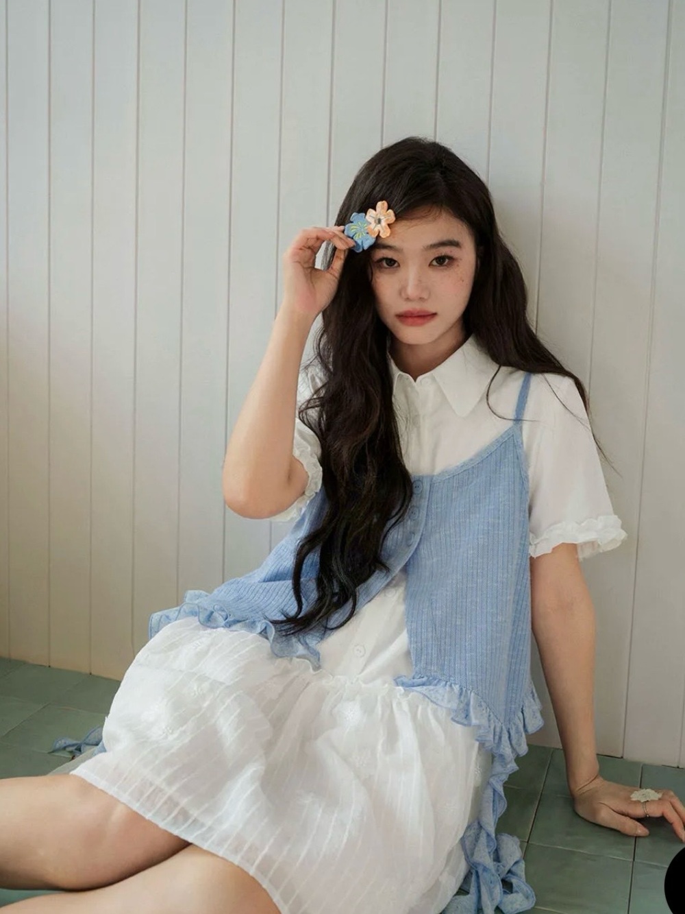 Light Blue Ruffled Knit Camisole Cardigan Layer